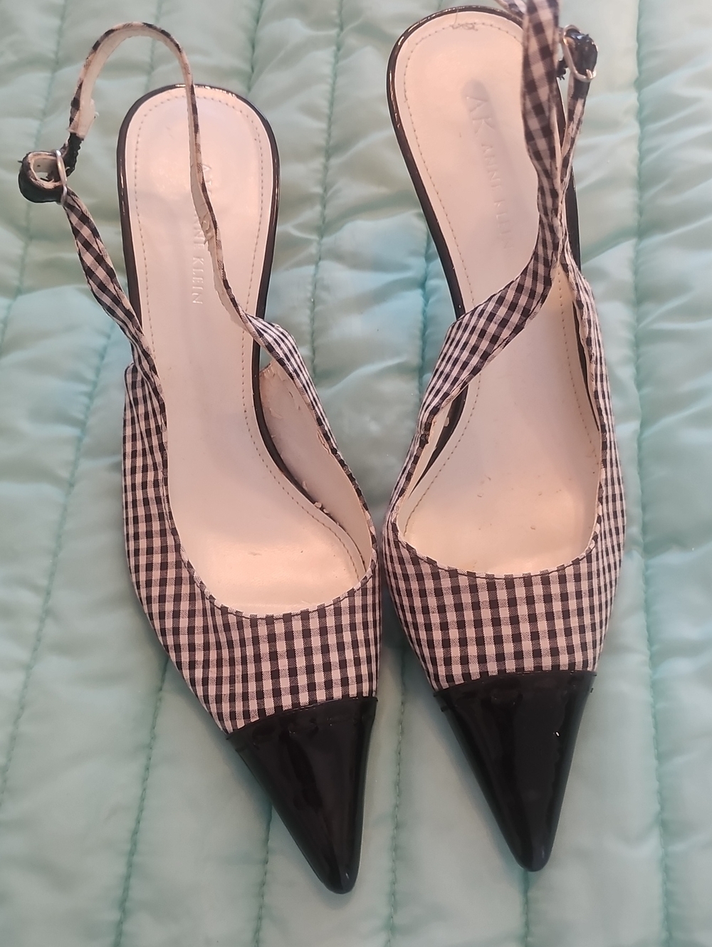 AK Black & White  PATENT LEATHER & PLAID  Slingback Pointed-Toe Heels